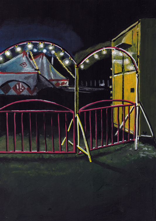 ‘I saw them just the other day, they said don’t be afraid’ A4 night painting. Acrylic on board. Framed. Fun Fair 2024 23