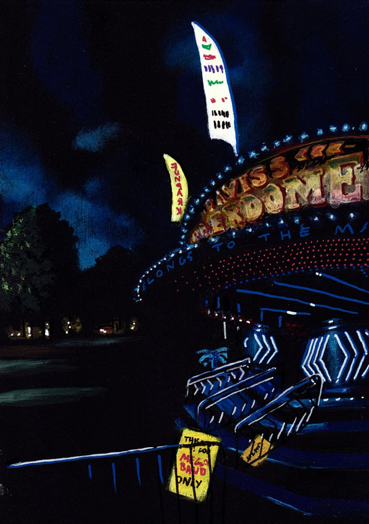 ‘Let’s leave the subtitles on’ A4 night painting. Acrylic on board. Framed. Fun Fair 2024 02