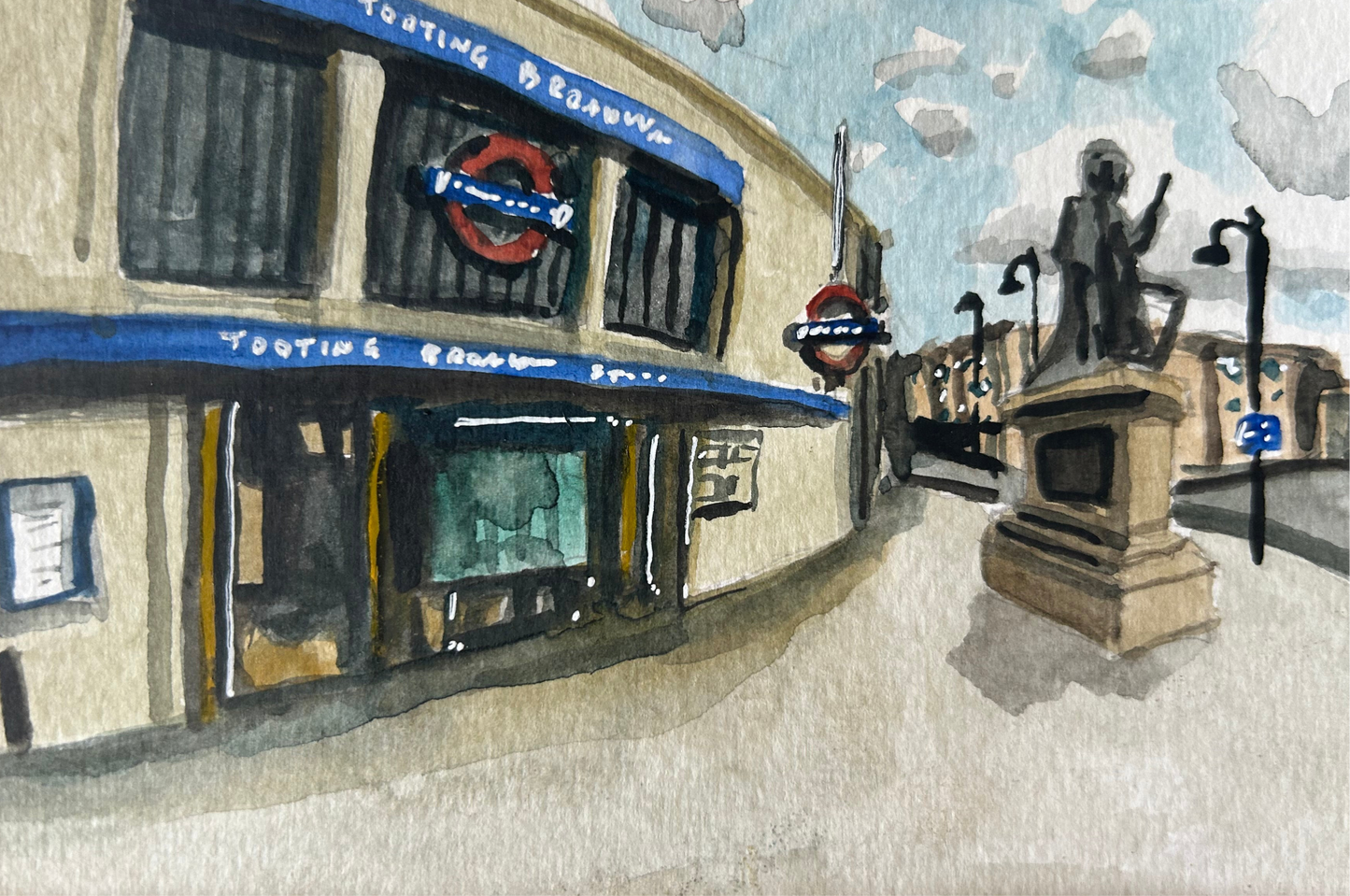 Tooting Broadway Underground Station. London. Postcard painting. Watercolour.