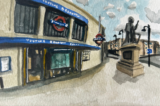 Tooting Broadway Underground Station. London. Postcard painting. Watercolour.