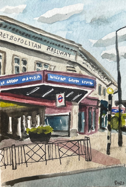 Wilsden Green Underground Station. London. Postcard painting. Watercolour.