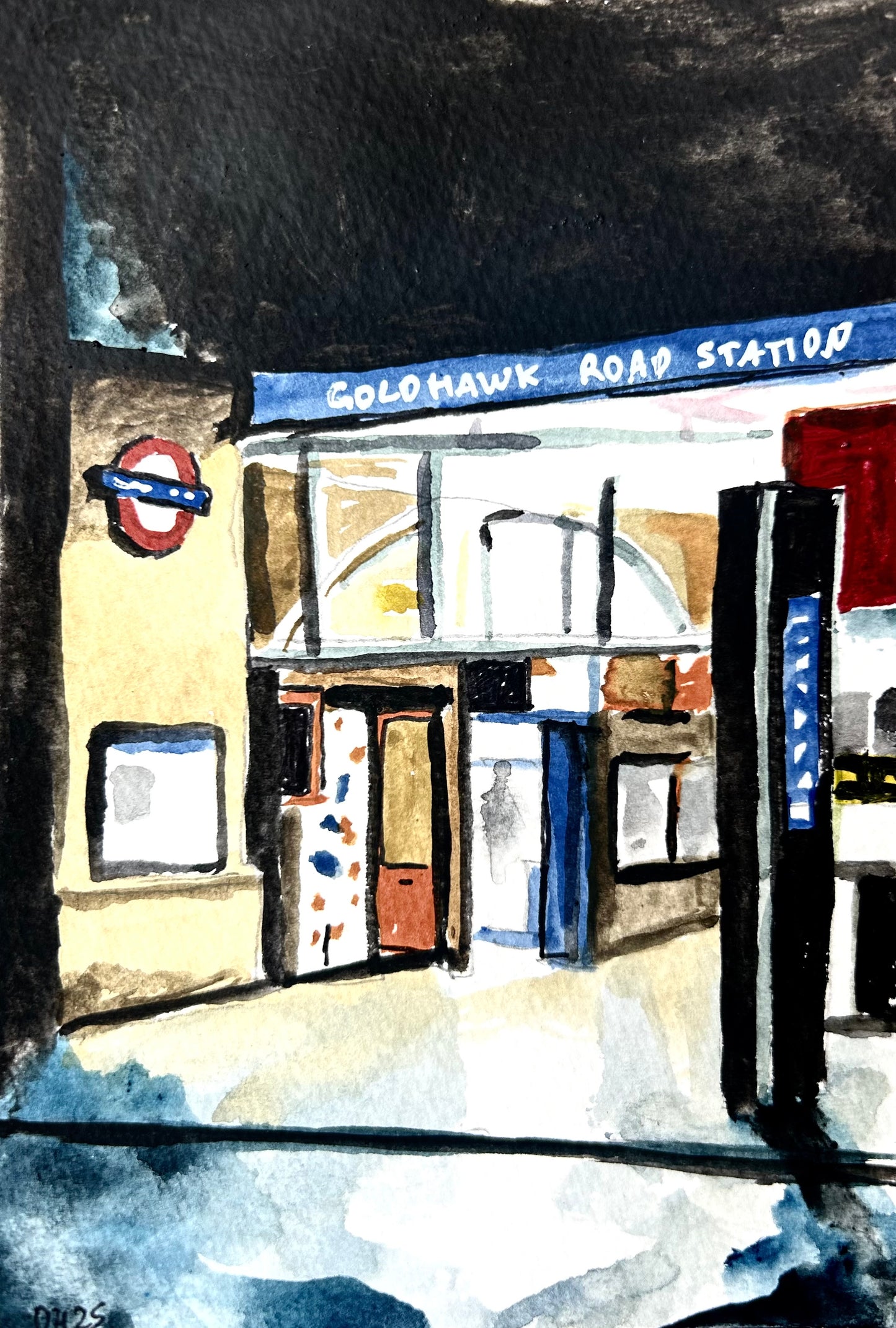 Goldhawk Road Underground  Station London 94. Postcard painting. Watercolour.