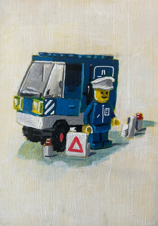 ‘I Will Stop You’. Lego 1980 set 6653. A5 painting. Acrylic on board. Framed. 2025