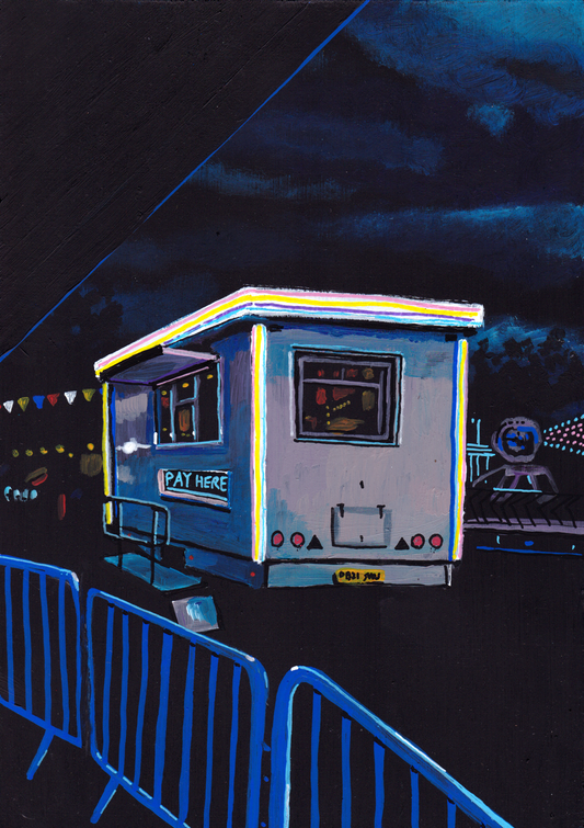 ‘The sun blinded me. I saw dots’ A4 night painting. Acrylic on board. Framed. Fun Fair 2024 33