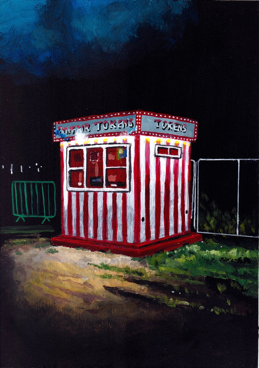 ‘She was ready to burst. She was uncontrolled’ A4 night painting. Acrylic on board. Framed. Fun Fair 2024 16
