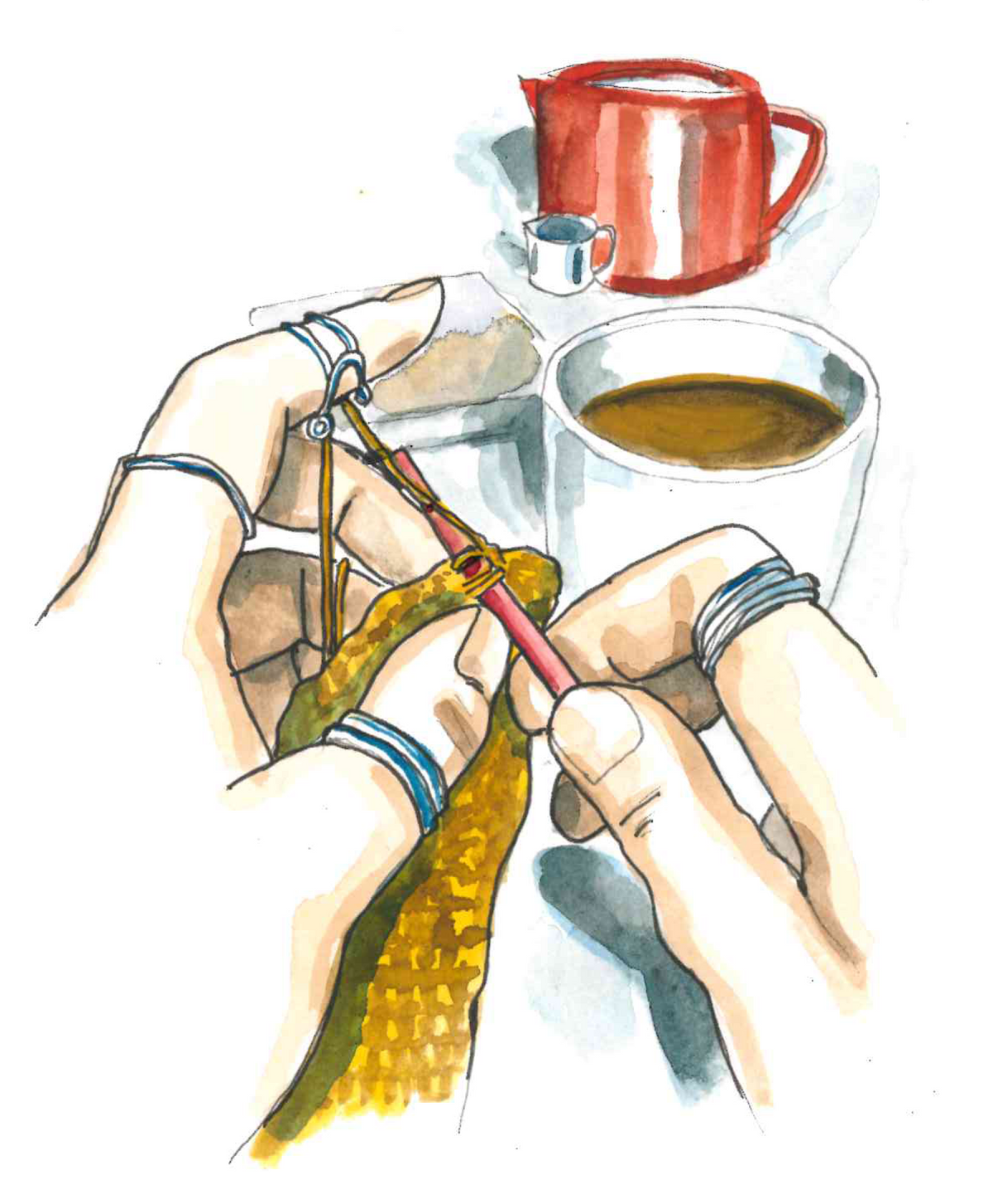 ‘Alexandra’s Hands’ illustration. Unused original painting for the book ‘Knit Repair’ by Alexandra Brinck, published by Quadrille/Penguin. Watercolour on paper. 7 x 10 inches.