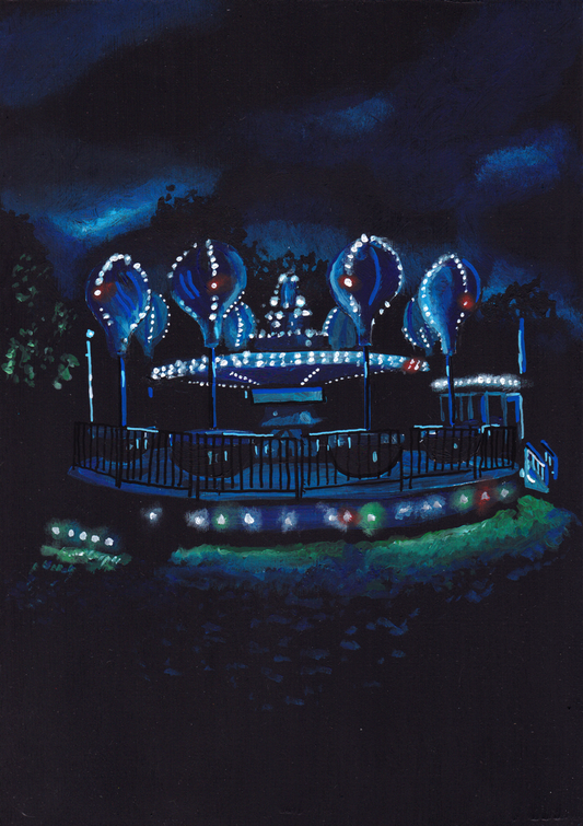 ‘I wish you’d told me. Maybe I could have made a difference.’ A4 night painting. Acrylic on board. Framed. Fun Fair 2024 31