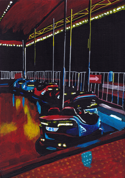 ‘There were trees everywhere. I got so lost’ A4 night painting. Acrylic on board. Framed. Fun Fair 2024 13
