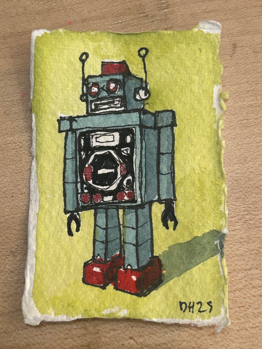 Tiny cotton rag paper water colour painting of a toy robot 5/7 approx 5.5 cm x 8 cm.