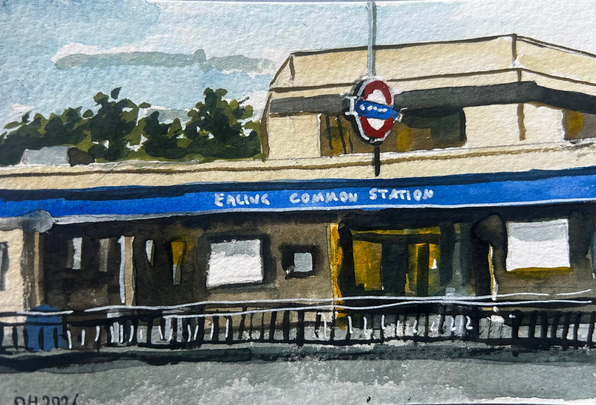 Ealing Common Underground Station. London. Postcard painting. Watercolour.