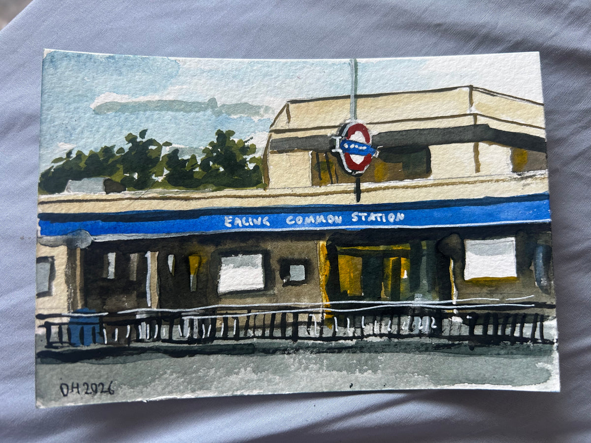 Ealing Common Underground Station. London. Postcard painting. Watercolour.