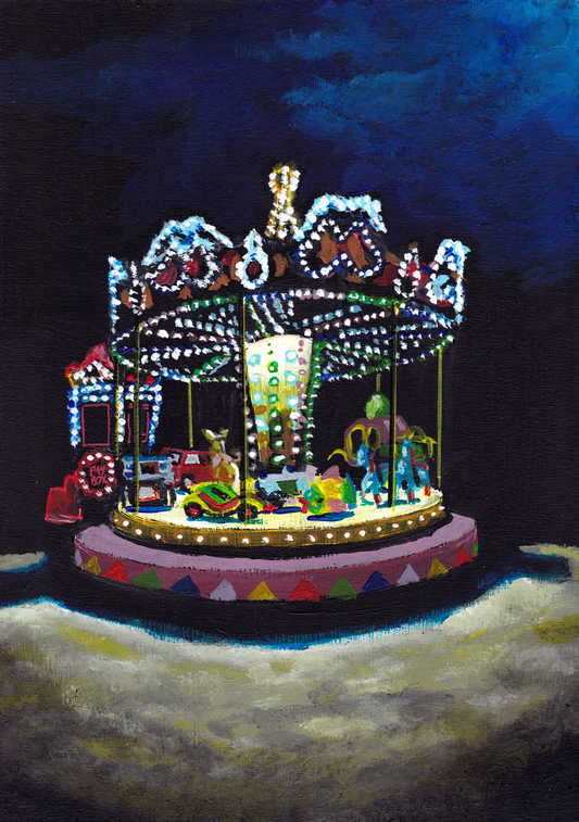 ‘I found them at the bottom of the drawer. Just useless fragments and dust’ A4 night painting. Acrylic on board. Framed. Fun Fair 2024 15