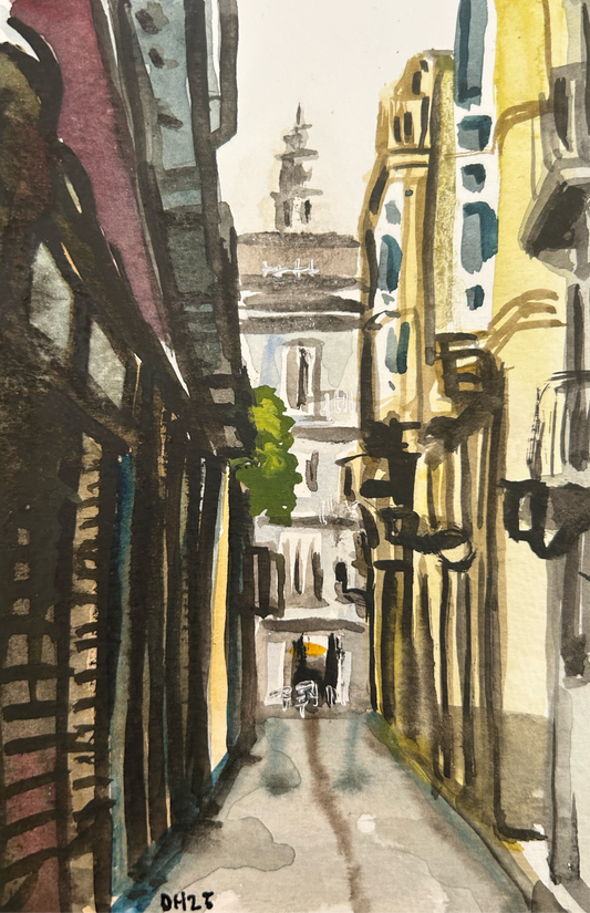 Street scene in Valencia. Postcard painting.