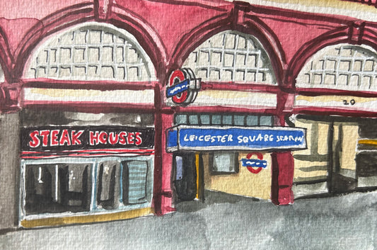 Leicester Square Underground Station. London. Postcard painting. Watercolour.