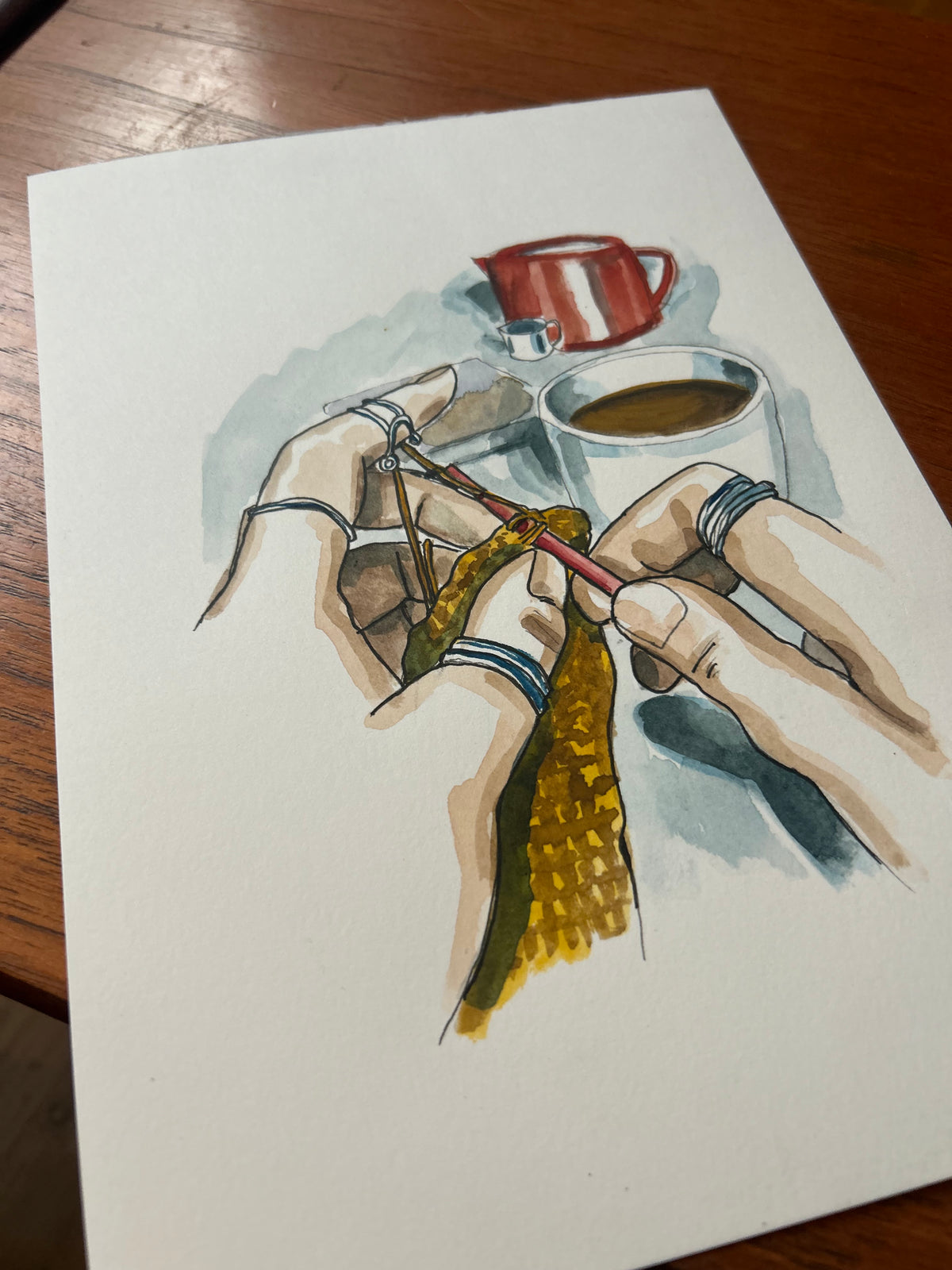 ‘Alexandra’s Hands’ illustration. Unused original painting for the book ‘Knit Repair’ by Alexandra Brinck, published by Quadrille/Penguin. Watercolour on paper. 7 x 10 inches.