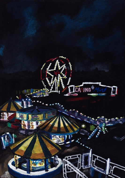 ‘I miss you, though it may look like I don’t.’ A4 night painting. Acrylic on board. Framed. Fun Fair 2024 05