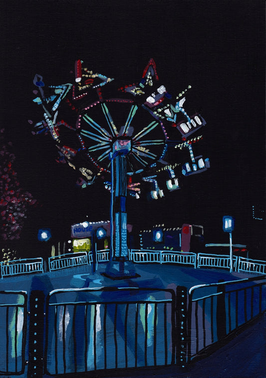 ‘I don’t need it every night. Just occasionally. Like now’ A4 night painting. Acrylic on board. Framed. Fun Fair 2024 09