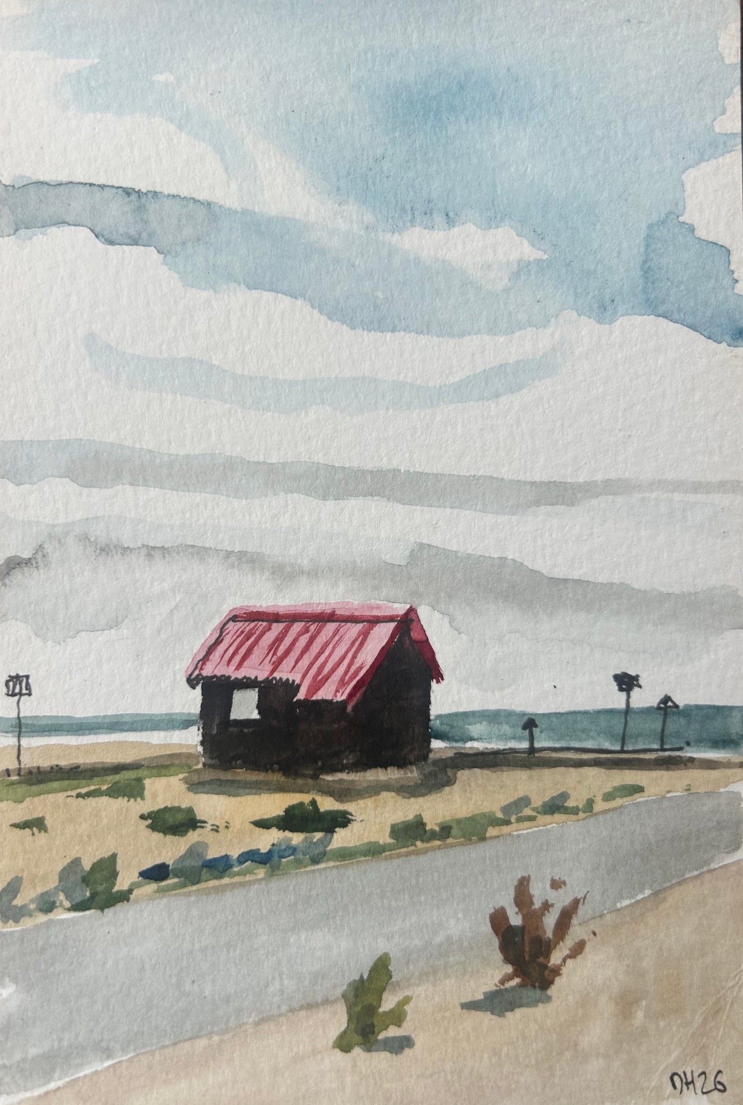 Small house. Rye Harbour, East Sussex 1/3. Postcard Painting. watercolour.
