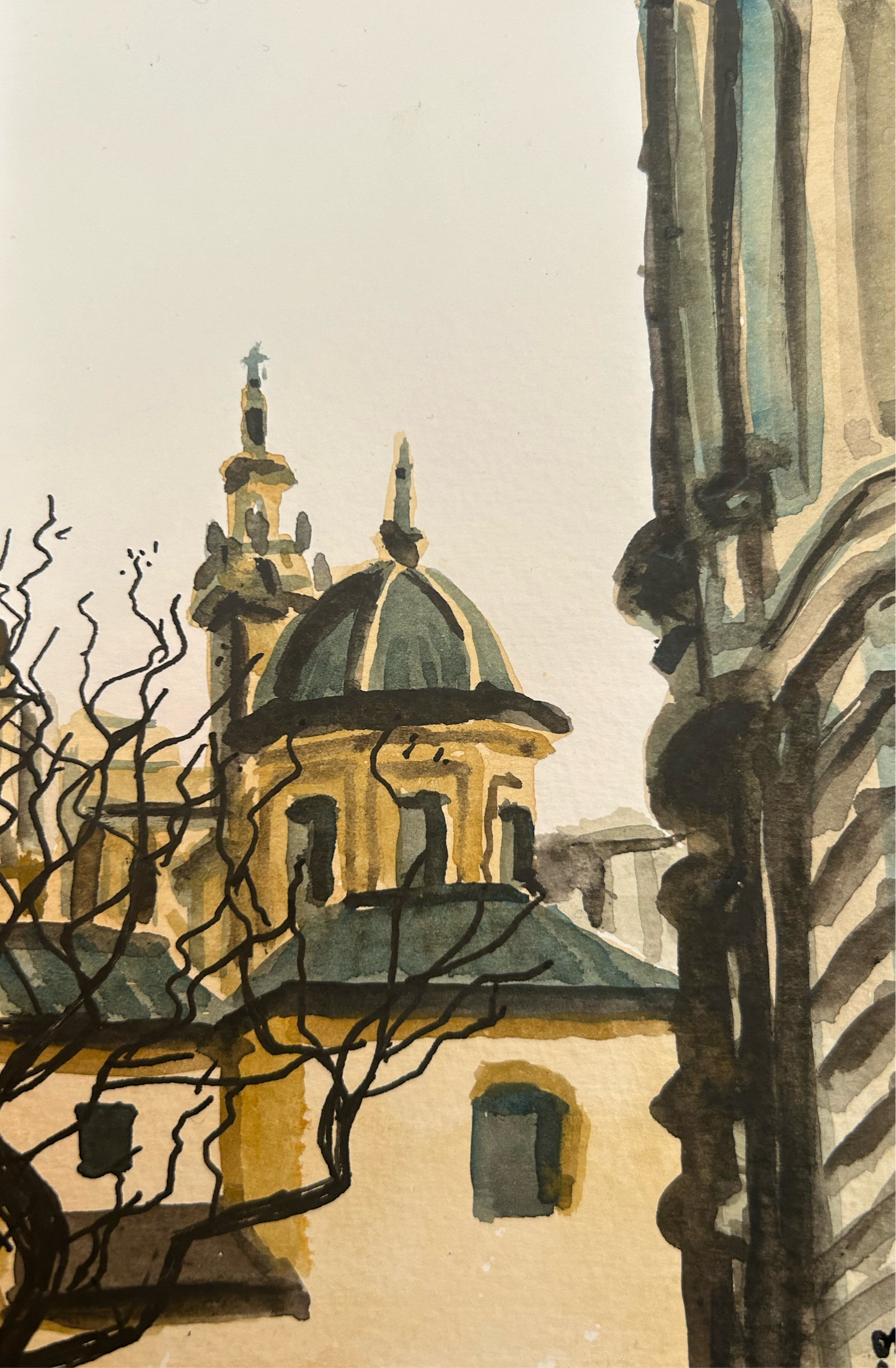 Church roofs in Valencia. Postcard painting.