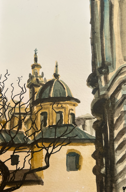 Church roofs in Valencia. Postcard painting.