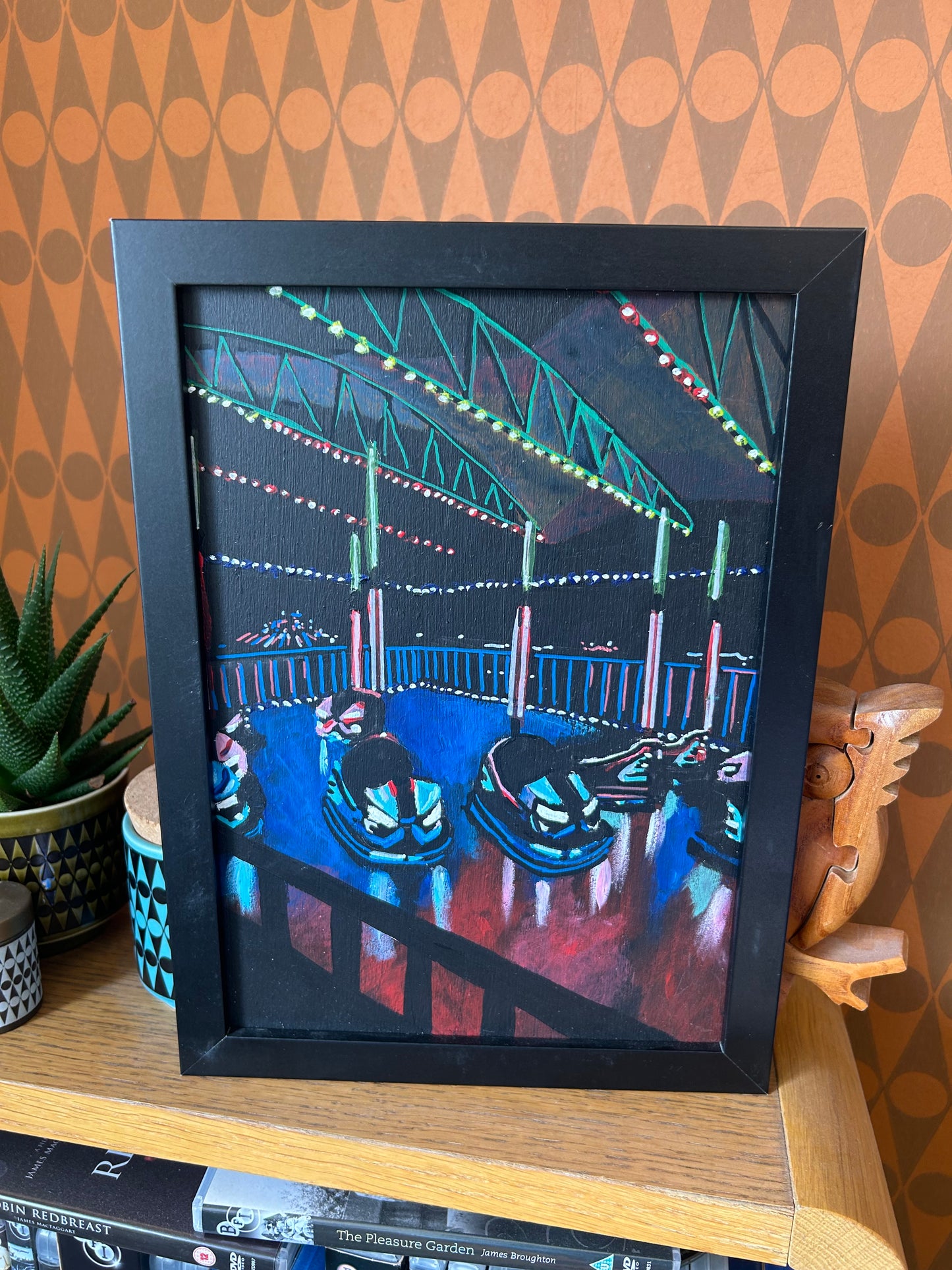 ‘I know I’m too much’ A4 night painting. Acrylic on board. Framed. Fun Fair 2024 03