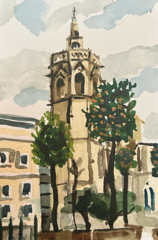 Valencia cathedral from Placa De La Reina. Postcard painting.