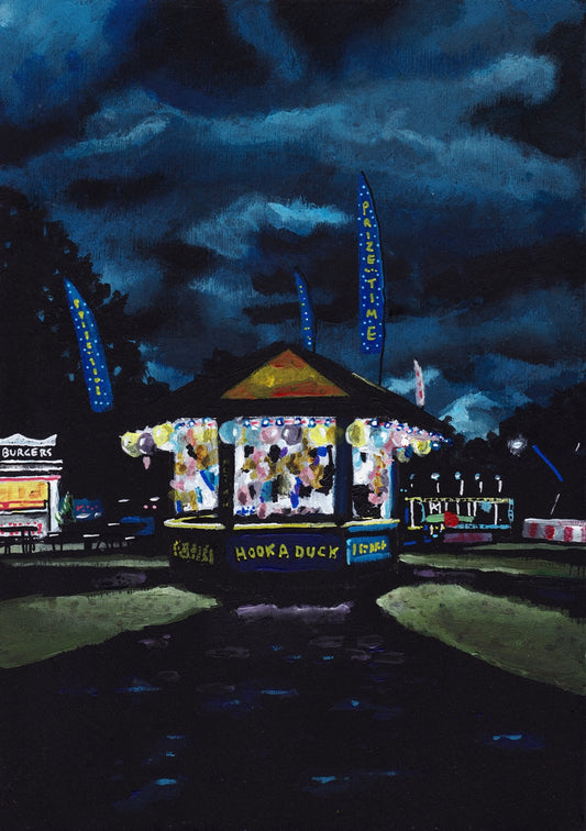‘I love these times. I want to stay’ A4 night painting. Acrylic on board. Framed. Fun Fair 2024 10