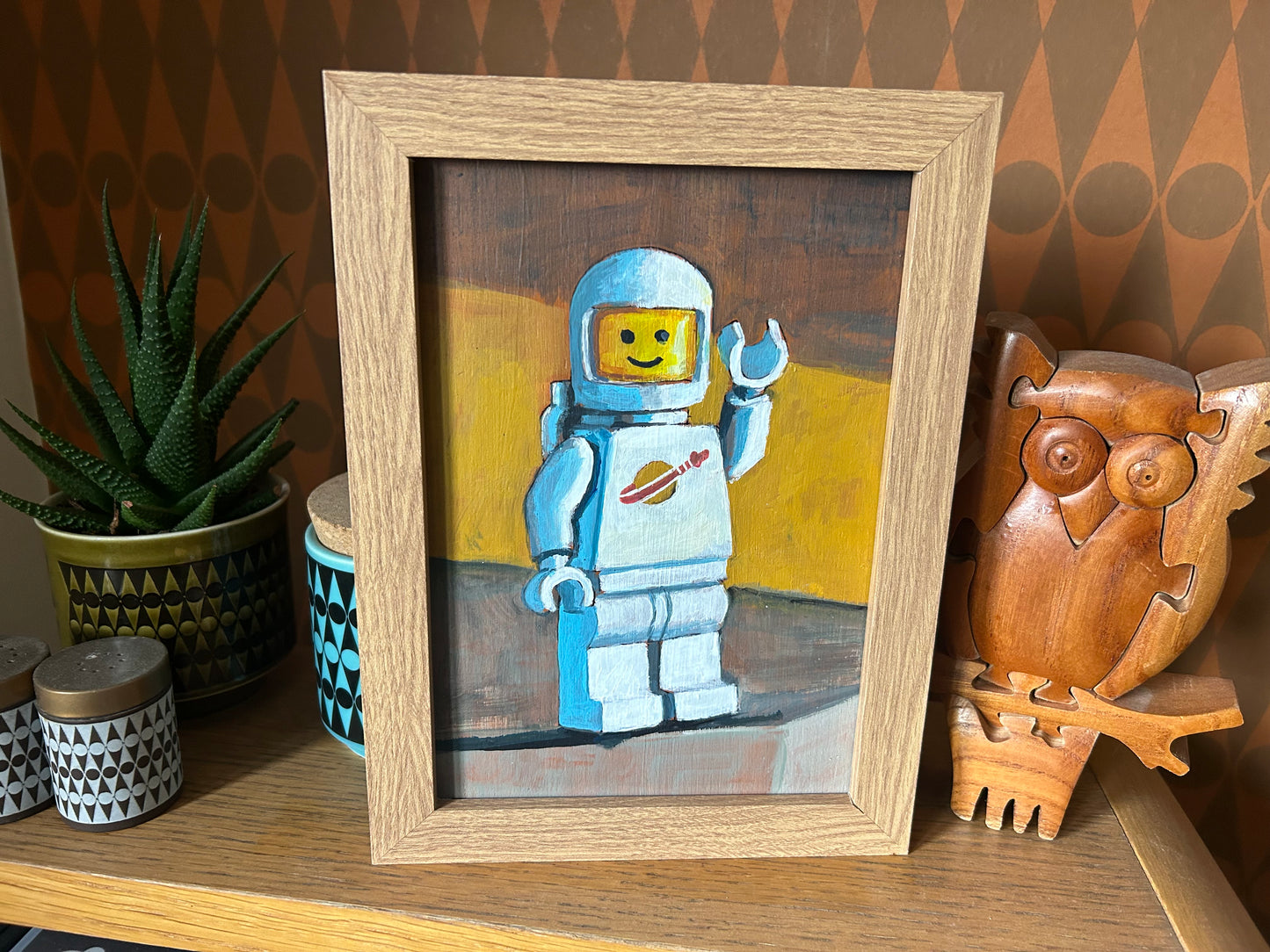 Lego Spaceman 1979. A5 painting. Acrylic on board. Framed. 2025