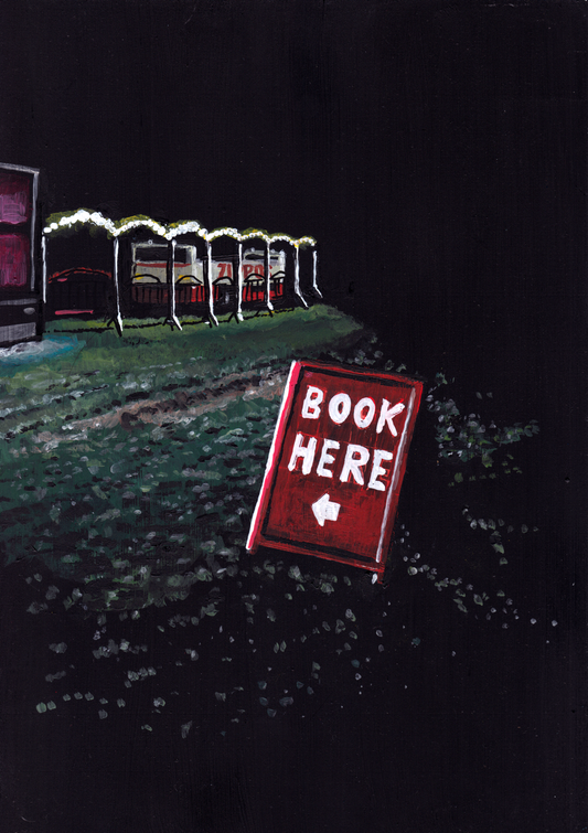 ‘What is it you need from me? What can I do for you exactly?’ A4 night painting. Acrylic on board. Framed. Fun Fair 2024 21