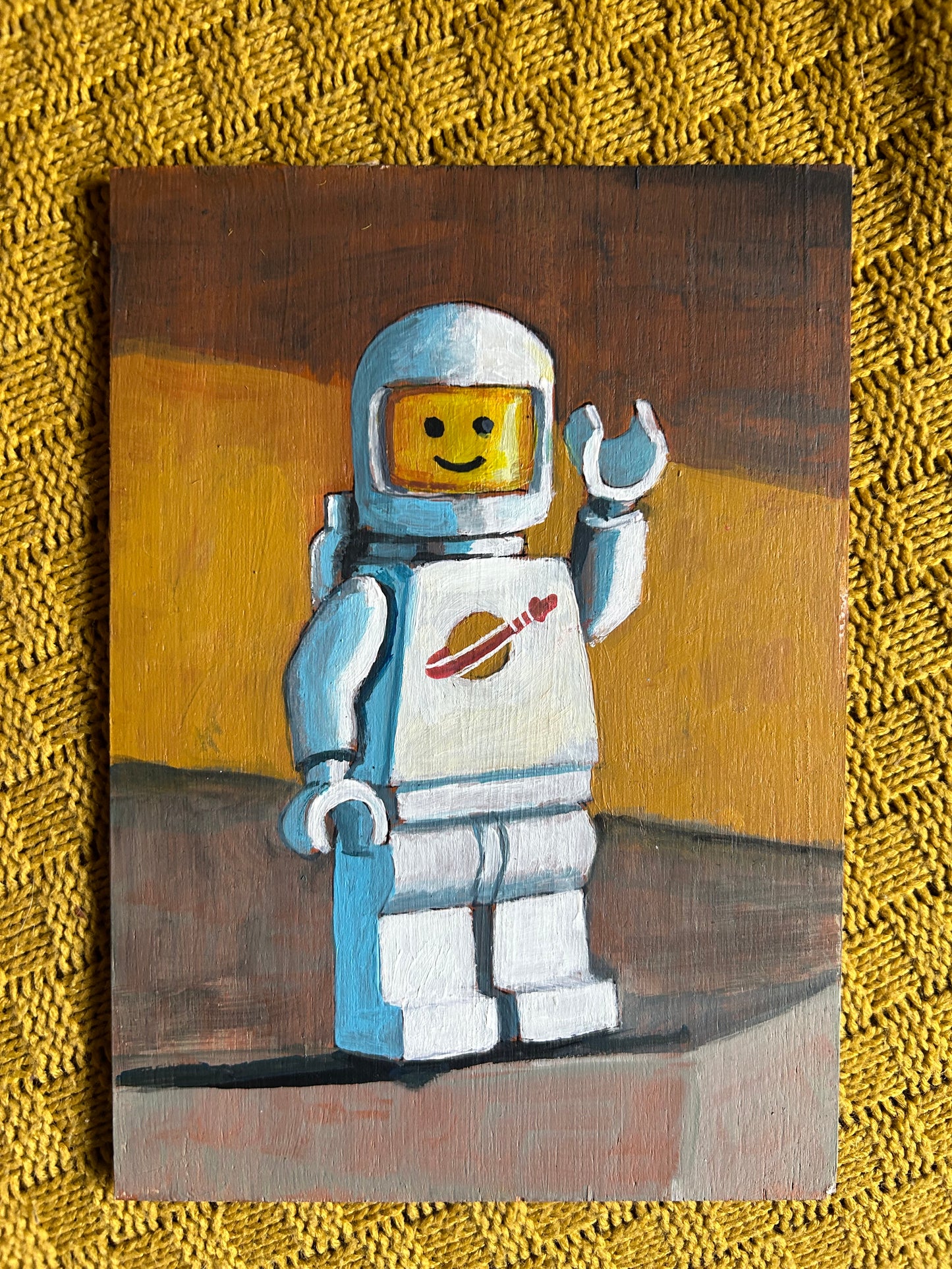 Lego Spaceman 1979. A5 painting. Acrylic on board. Framed. 2025