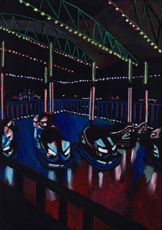 ‘I know I’m too much’ A4 night painting. Acrylic on board. Framed. Fun Fair 2024 03