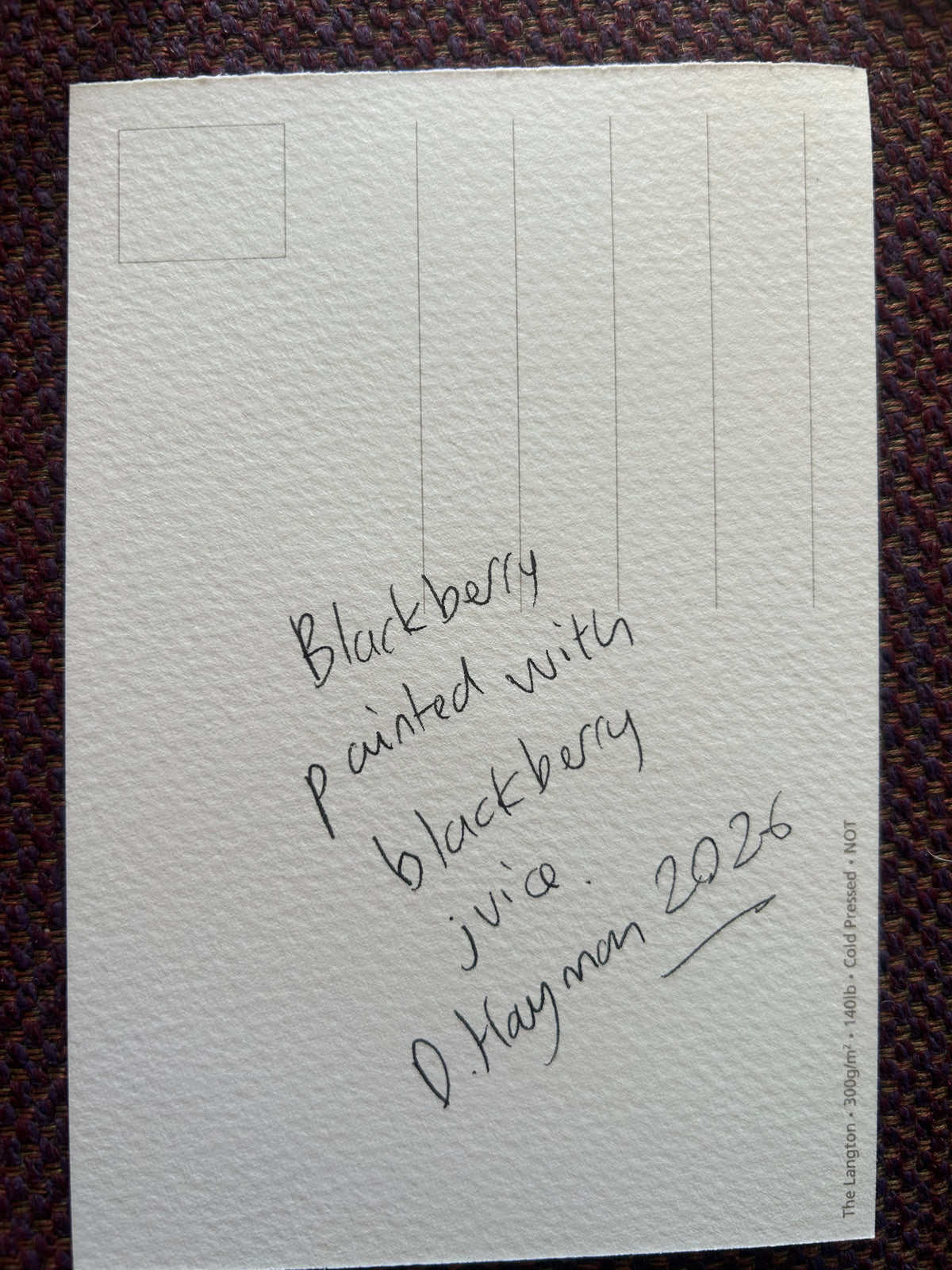 A blackberry from my allotment painted with blackberry juice from my allotment. Postcard Painting. watercolour.