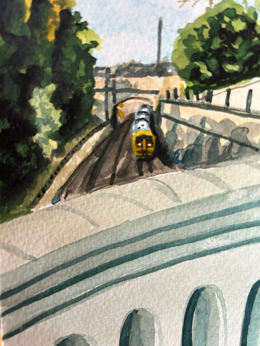 Watercolour postcard of train coming into Bath