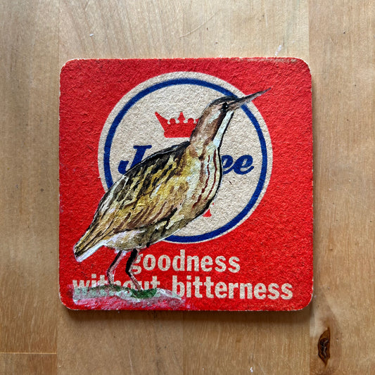 A Bittern painted onto a Jubilee beer mat from the 1960s. Beermat painting. Watercolour.