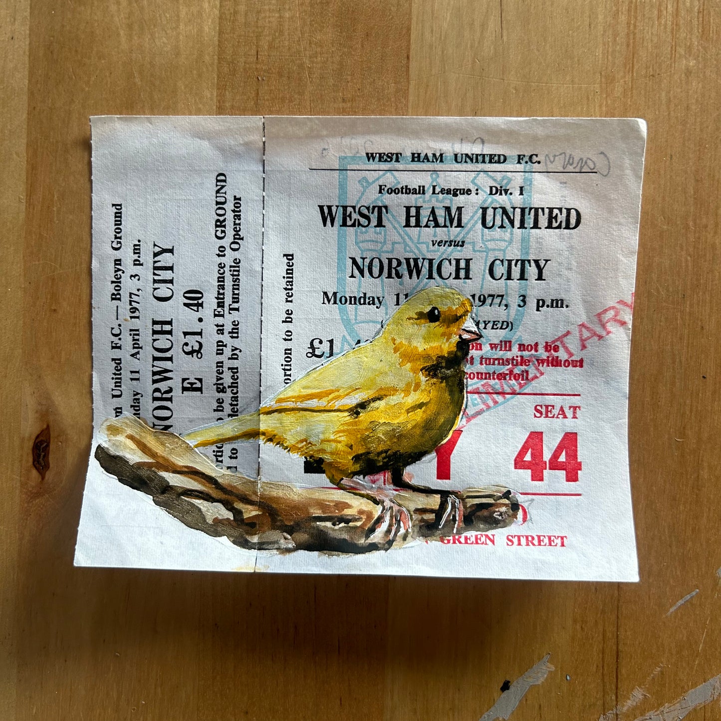 A Canary painted onto a TICKET STUB-  WEST HAM UNITED V  NORWICH CITY- APRIL 1977 Watercolour.