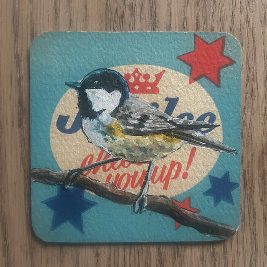 A Coal Tit painted onto a Jubilee beer mat from 1964. Beermat painting. Watercolour.