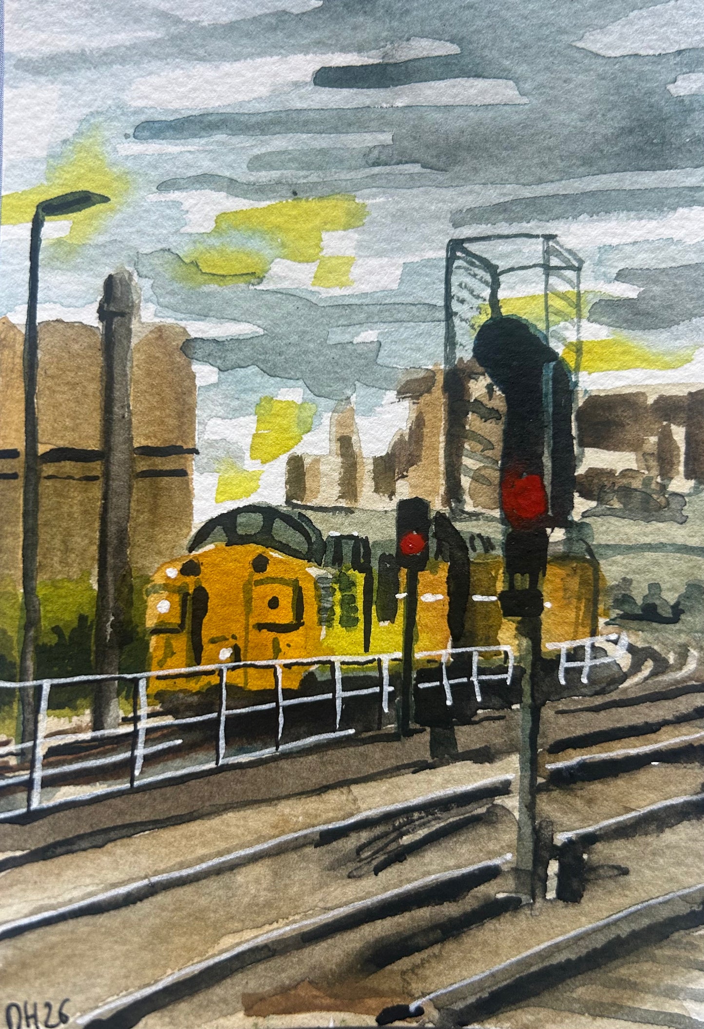 Class 37 in modern freight livery in the sidings at Newcastle station. Postcard Painting. watercolour.