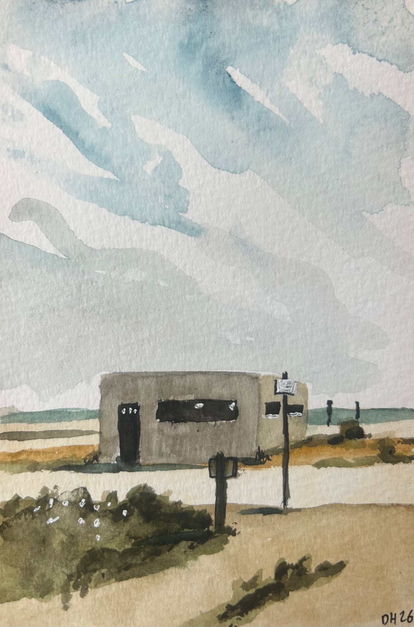 Pill Box. Rye Harbour, East Sussex 2/3. Postcard Painting. watercolour.
