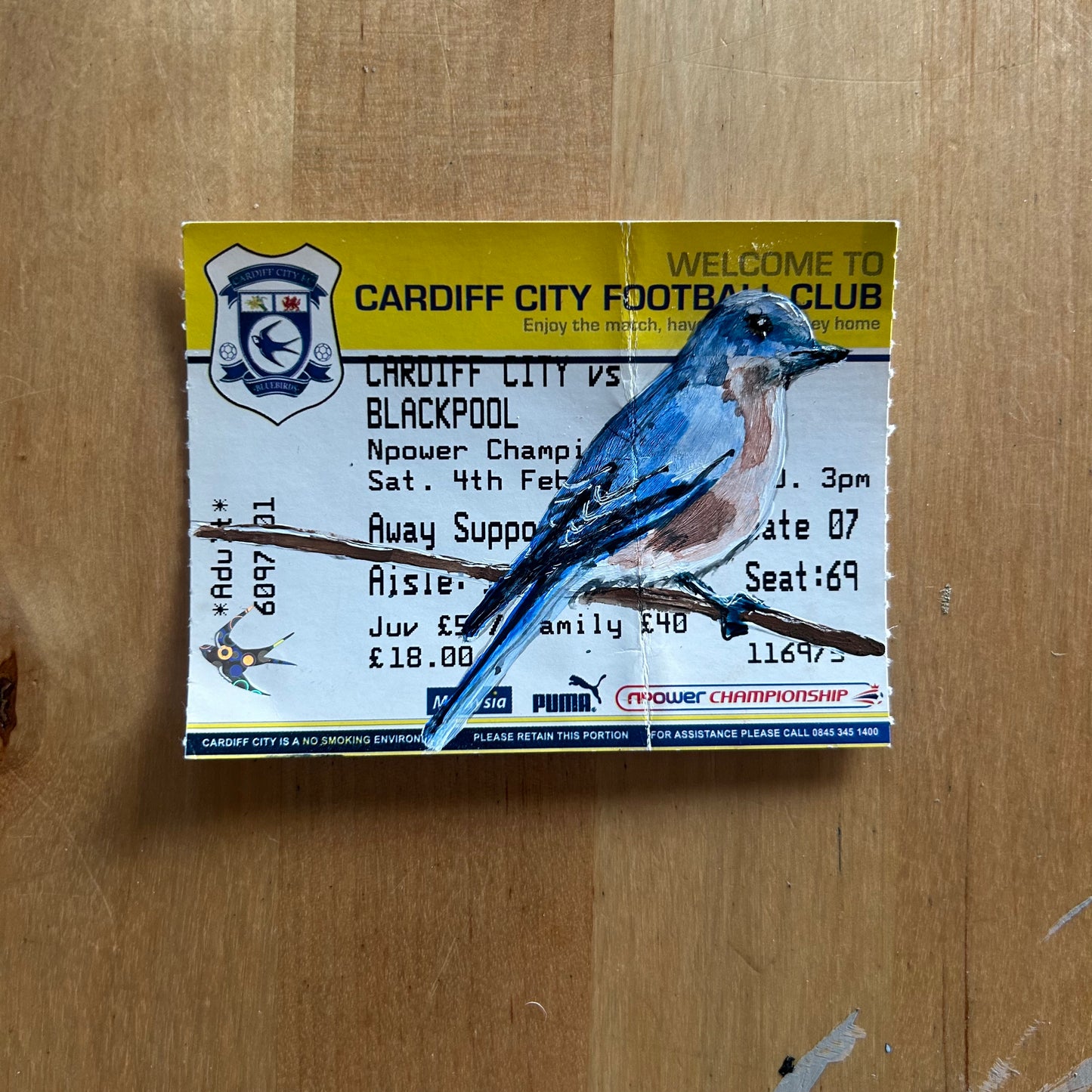 A Bluebird painted onto a A Canary painted onto a 2011-12 Cardiff City v Blackpool - Championship - Ticket Stub Watercolour.