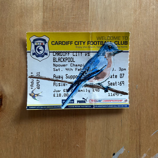 A Bluebird painted onto a A Canary painted onto a 2011-12 Cardiff City v Blackpool - Championship - Ticket Stub Watercolour.