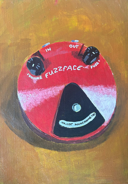 Fuzzface effects pedal. Painting of guitar effects pedal. Acrylic on board. Framed. 2025