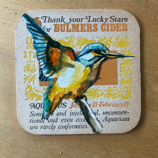 A Kingfisher painted onto a 1970s Bulmer’s Cider Zodiac drinks mat (Aquarius). Beermat painting. Watercolour.