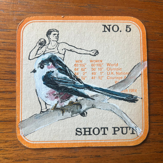 A Long Tailed Tit painted onto a Courage Beer ‘In The Field’ athletics beer mat from 1964. Beermat painting. Watercolour.