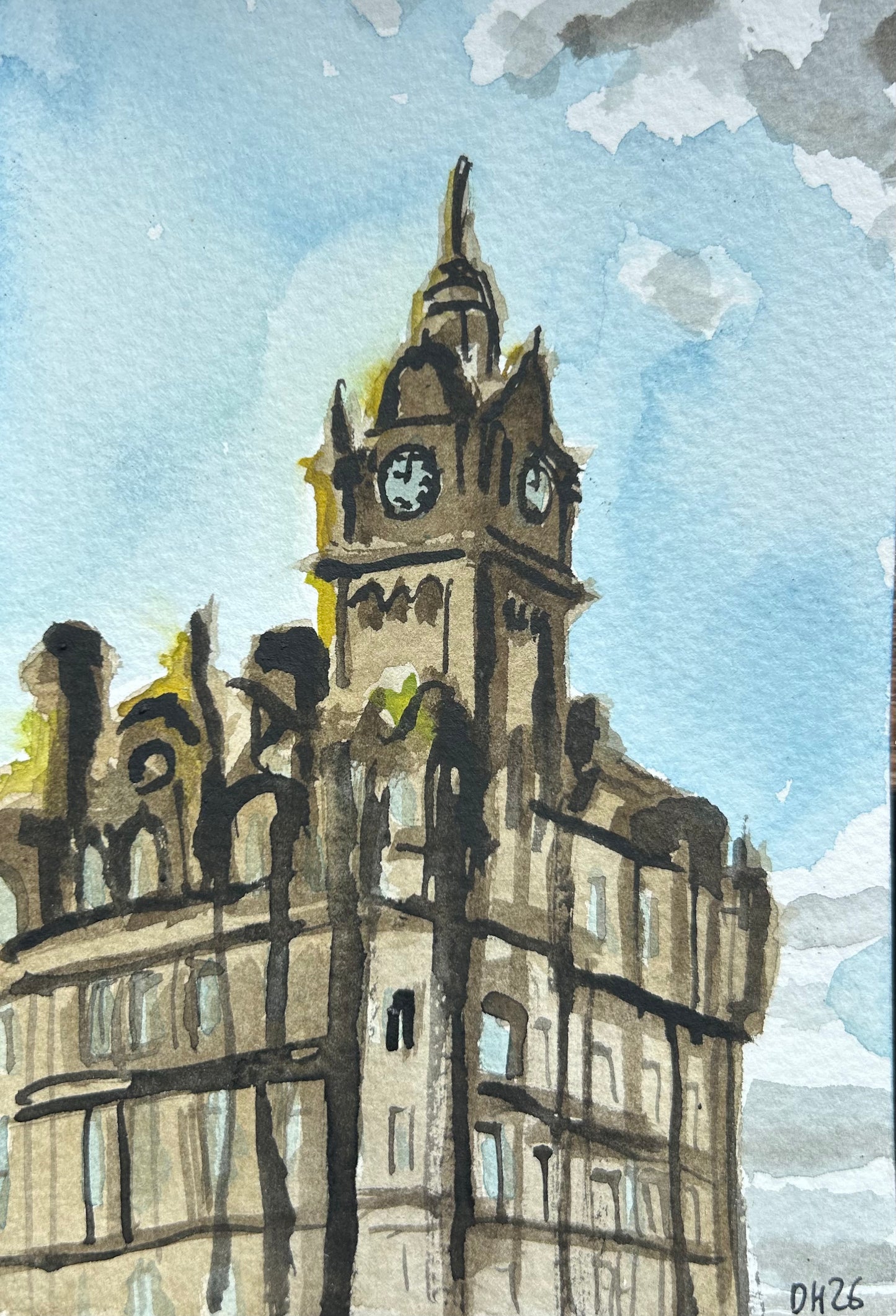 Painting of Balmoral Hotel in Edinburgh, near Waverley Station. Postcard Painting. watercolour.
