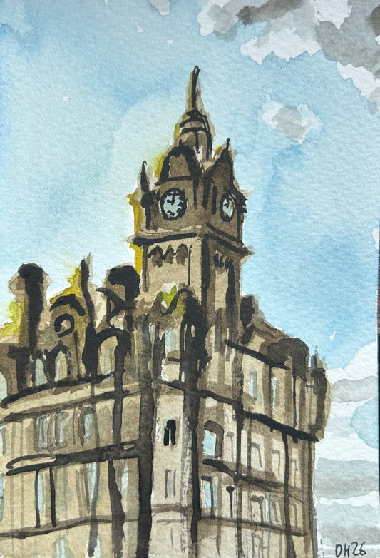 Painting of Balmoral Hotel in Edinburgh, near Waverley Station. Postcard Painting. watercolour.