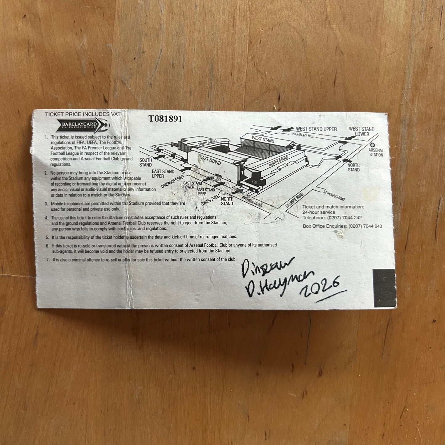 A dinosaur painted onto a football ticket Match ticket - Arsenal v Southampton 02/02/2002 Premiership- Watercolour. Ticket has a crease in it.