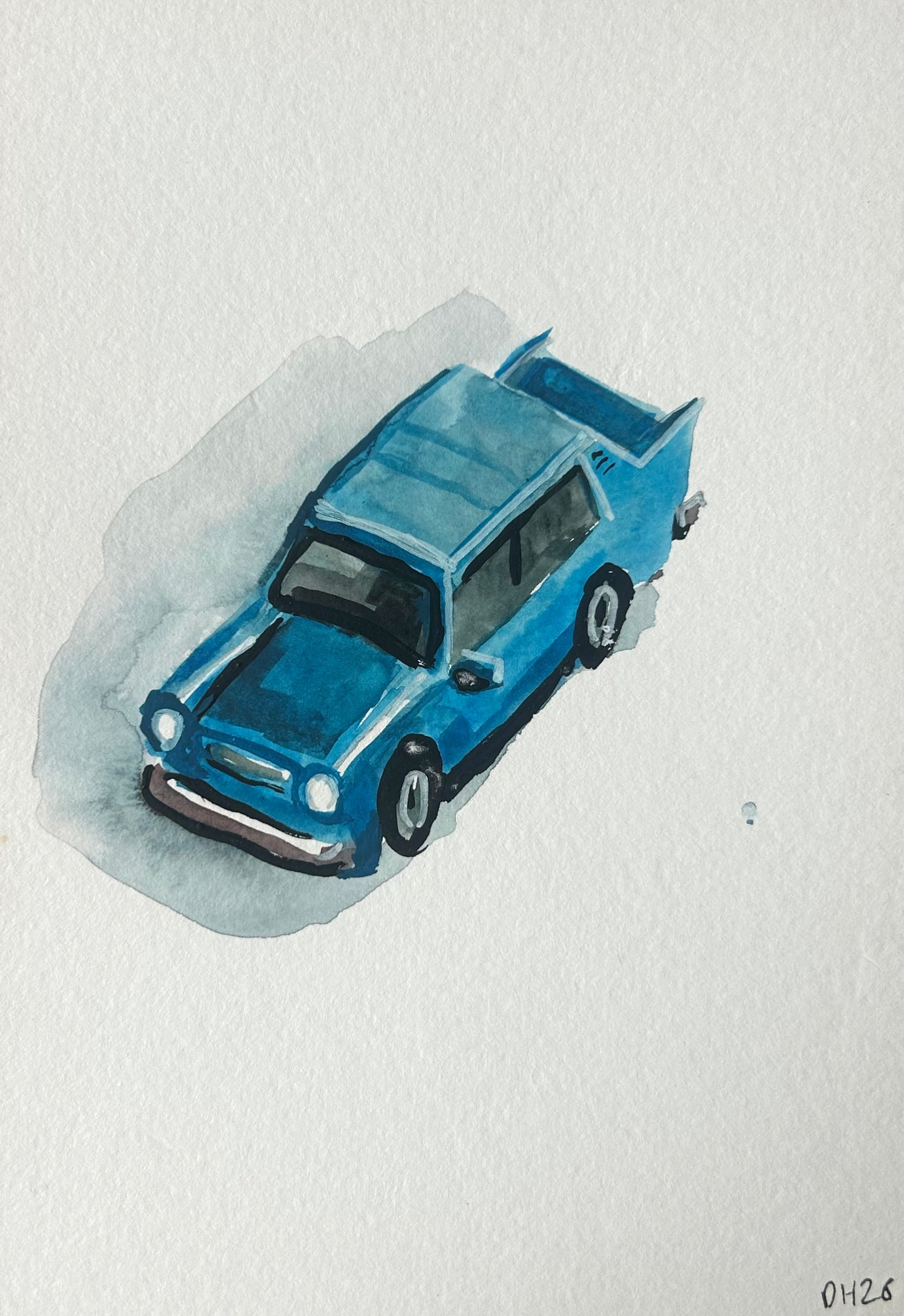 Painting of a fake Lego blue Trabant. A5 Painting. watercolour.
