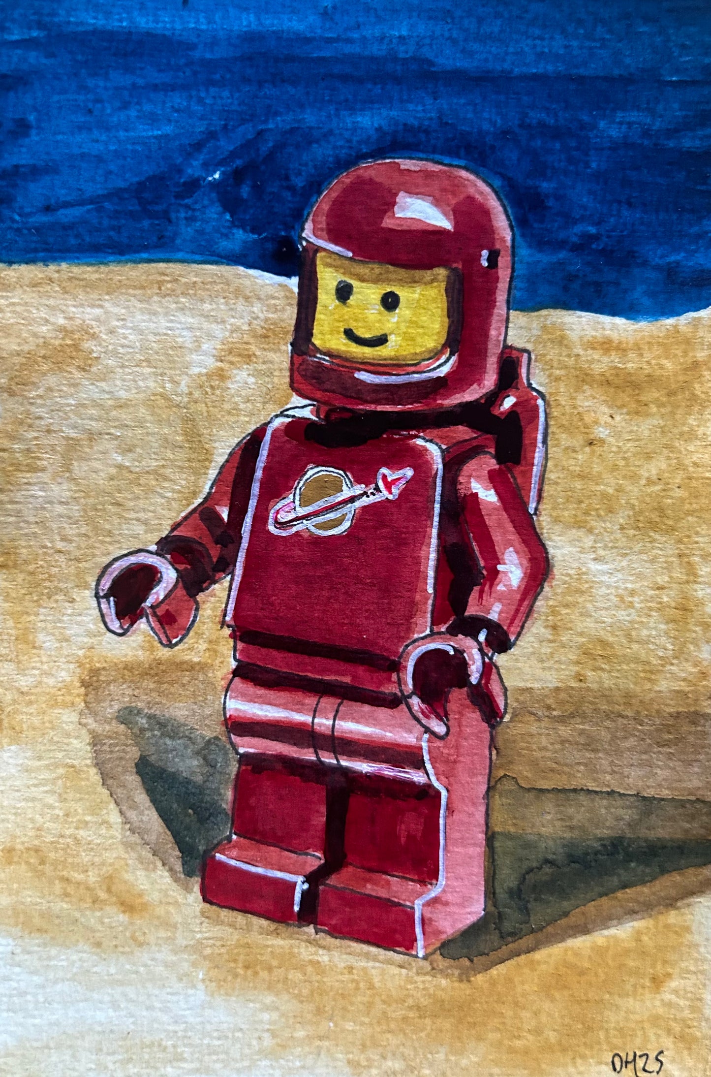 ‘Reset Horizons’ Postcard painting of a Lego Spaceman figure 1978.