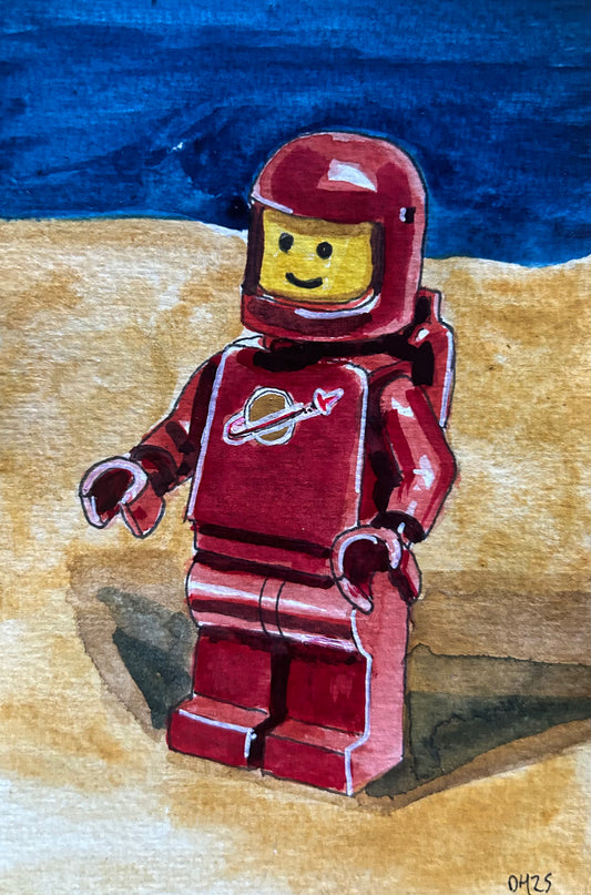 ‘Reset Horizons’ Postcard painting of a Lego Spaceman figure 1978.