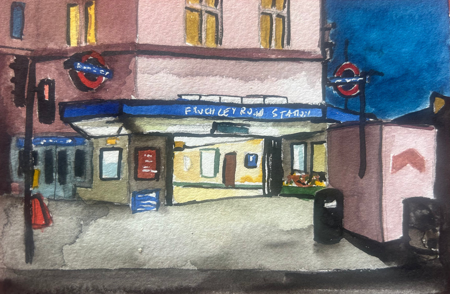 Finchley Road Underground Station. London. Postcard painting. Watercolour